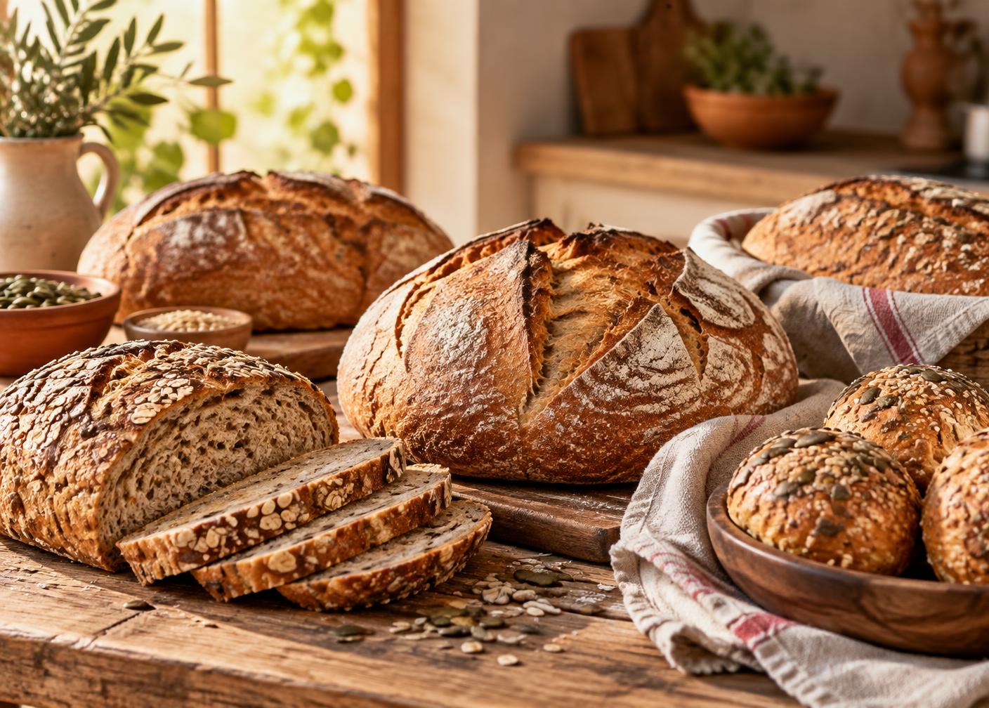 Variedad de panes caseros recién horneados sobre una mesa